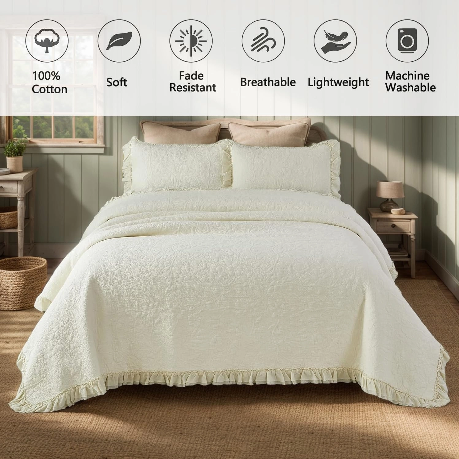 Brandream King Size Quilt Set Cotton Cream Yellow Quilts Shabby Chic Bedding Set Romantic Ruffle Bedspread 3-Piece