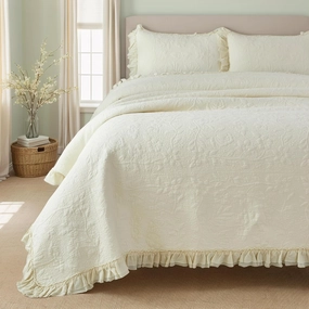 Brandream King Size Quilt Set Cotton Cream Yellow Quilts Shabby Chic Bedding Set Romantic Ruffle Bedspread 3-Piece