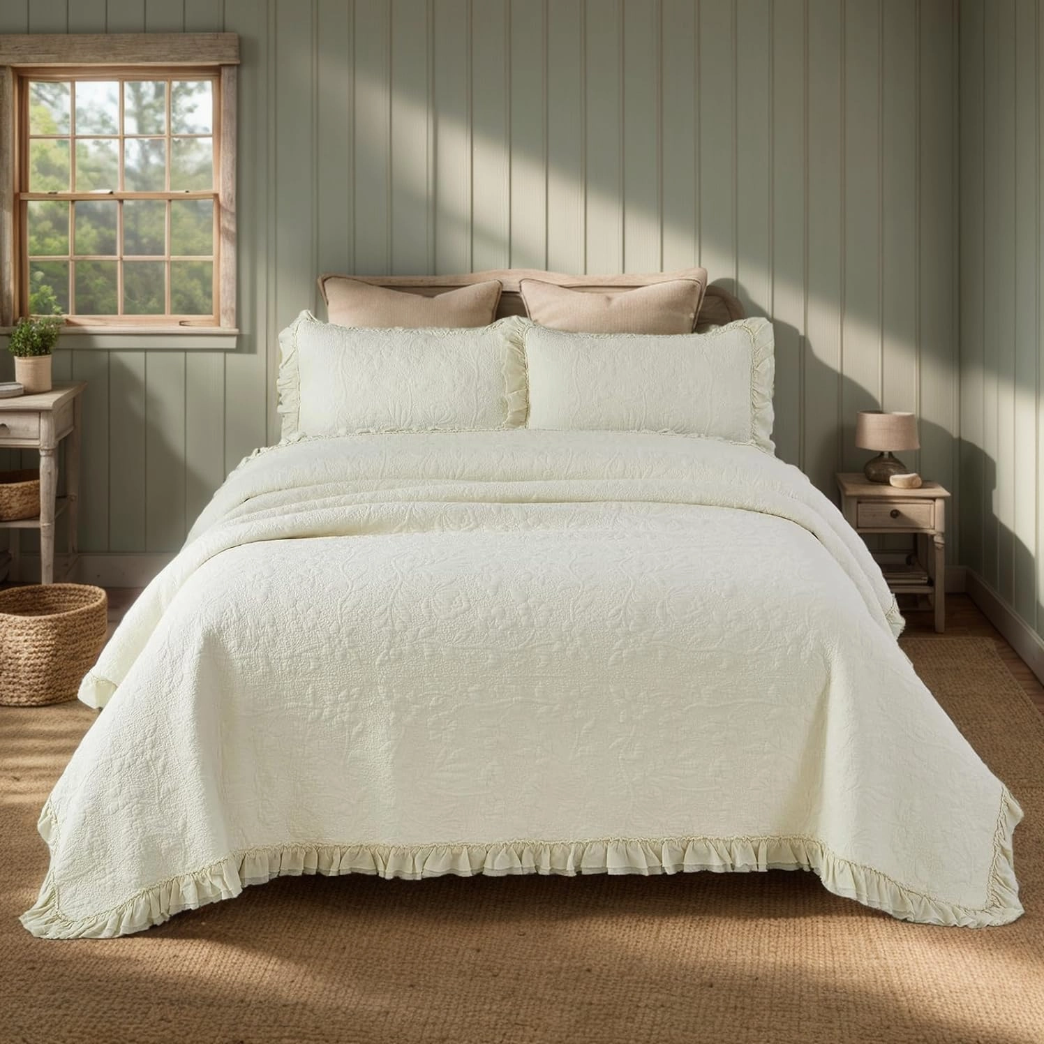 Brandream King Size Quilt Set Cotton Cream Yellow Quilts Shabby Chic Bedding Set Romantic Ruffle Bedspread 3-Piece