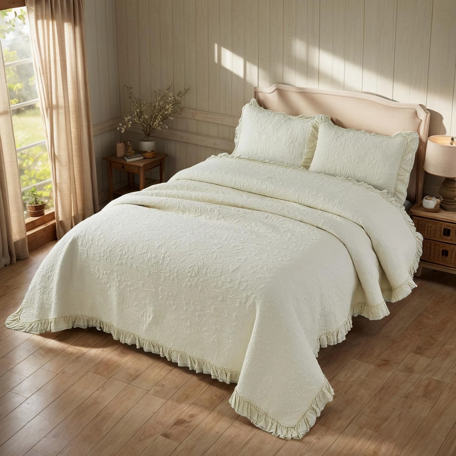 Brandream King Size Quilt Set Cotton Cream Yellow Quilts Shabby Chic Bedding Set Romantic Ruffle Bedspread 3-Piece