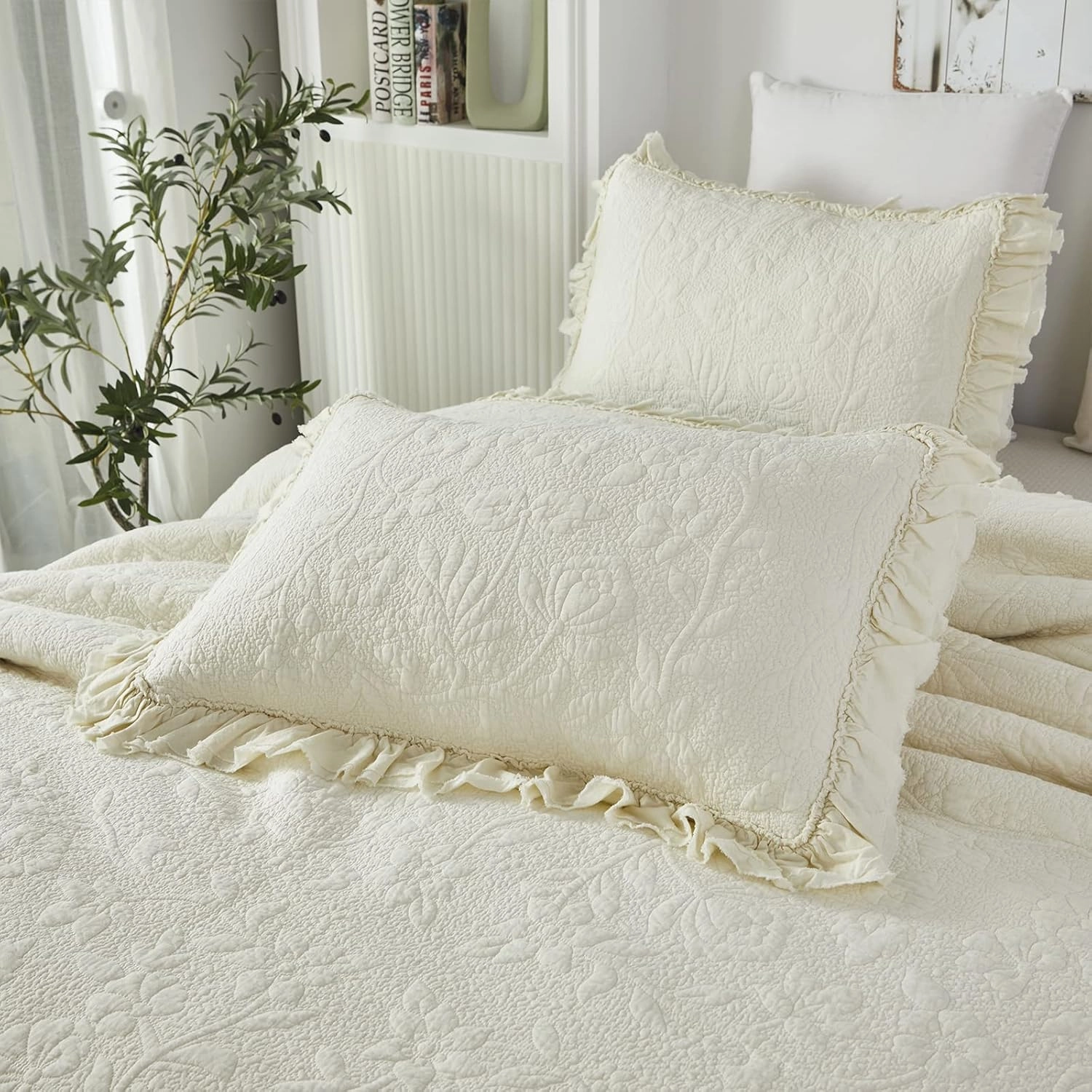 Brandream King Size Quilt Set Cotton Cream Yellow Quilts Shabby Chic Bedding Set Romantic Ruffle Bedspread 3-Piece