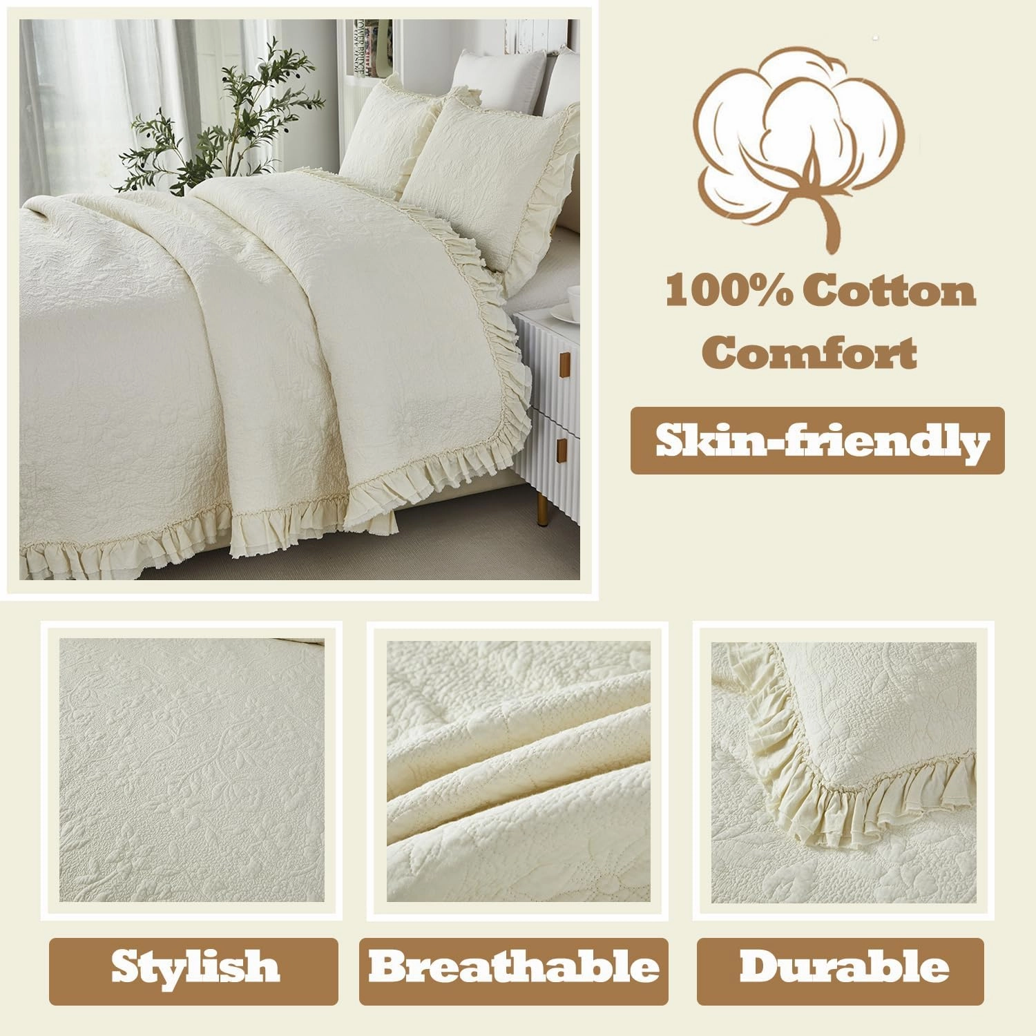Brandream King Size Quilt Set Cotton Cream Yellow Quilts Shabby Chic Bedding Set Romantic Ruffle Bedspread 3-Piece