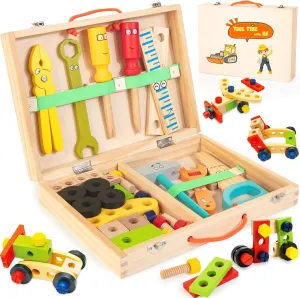 Bravmate Toddler Tool Set with Portable Tool Box & DIY Stickers, Wooden Kids Tool Sets for Boys Girls Age 2-4, STEM Montessori Educational Preschool Toys, Birthday Gifts for 3  Years Old