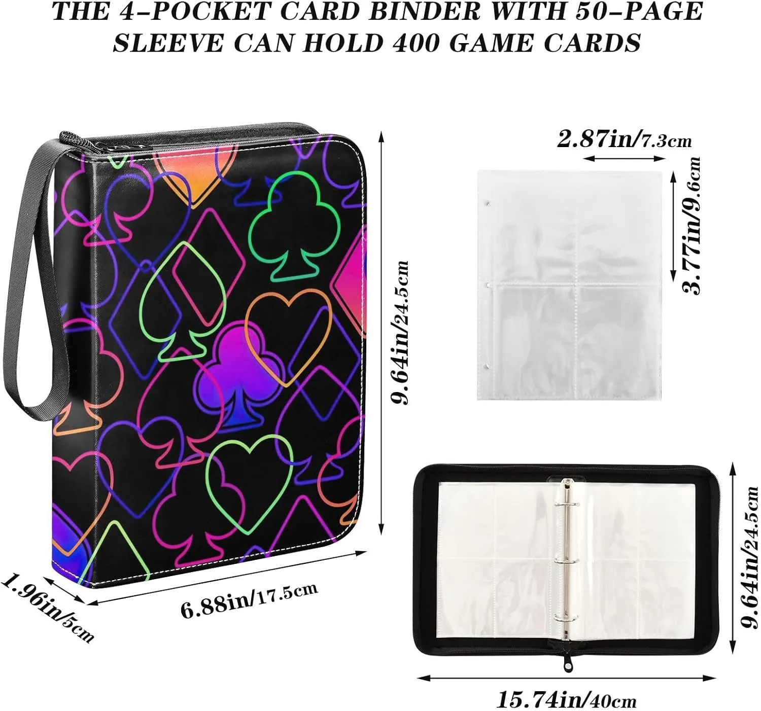 Bright Colorful Poker Icons Card Organizer Binder, Trading Card Binder Zipper with Sleeves Card Album