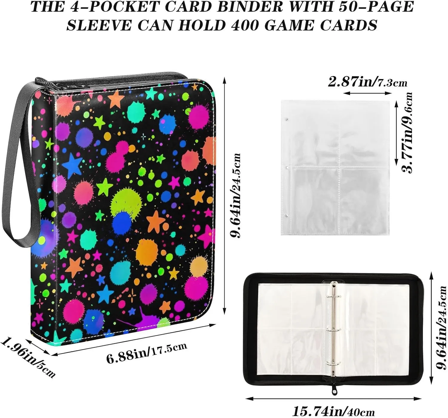 Bright Drops Paints Card Binder Holder, Zip up Binder 400 Cards Capacity for Sports Cards, Game Cards