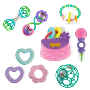 Bright Starts Everything Nice Teething Toys 9-Piece Set - BPA-Free Rattles and Chillable Teethers, Purple and Pink Baby Toys, 3 Months 
