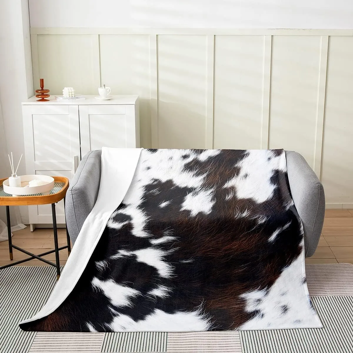 Brown Cowhide Throw Blanket,Black White Aztec Cow Print Fleece Blanket,Western Farmhouse Animal Fur Flannel Blanket for Kids Boys Girls,Rustic Cowboy Cowgirl Bed Blanket Living Room Decor,40x50