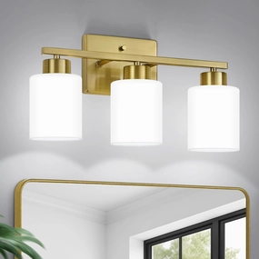 Brushed Gold Bathroom Light Fixtures, 3-Light Modern Vanity Light Over Mirror, Wall Sconces with Milky White Frosted Glass Shades, E26 Socket (Bulbs Not Included)