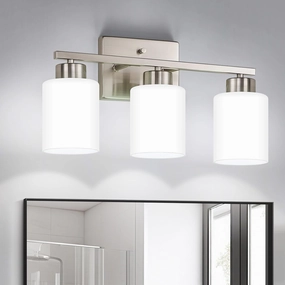 Brushed Nickel Bathroom Light Fixtures, 3-Light Modern Vanity Light Over Mirror, Wall Sconces with Milky White Frosted Glass Shades, E26 Socket (Bulbs Not Included)