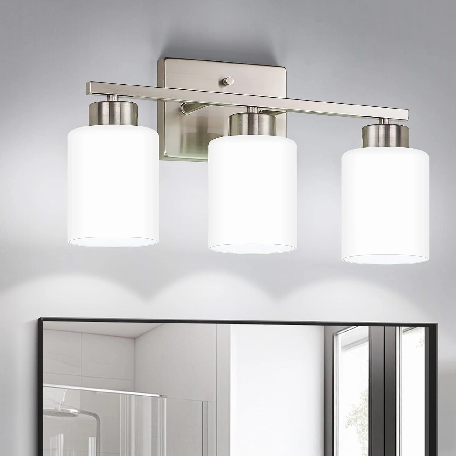 Brushed Nickel Bathroom Light Fixtures, 3-Light Modern Vanity Light Over Mirror, Wall Sconces with Milky White Frosted Glass Shades, E26 Socket (Bulbs Not Included)