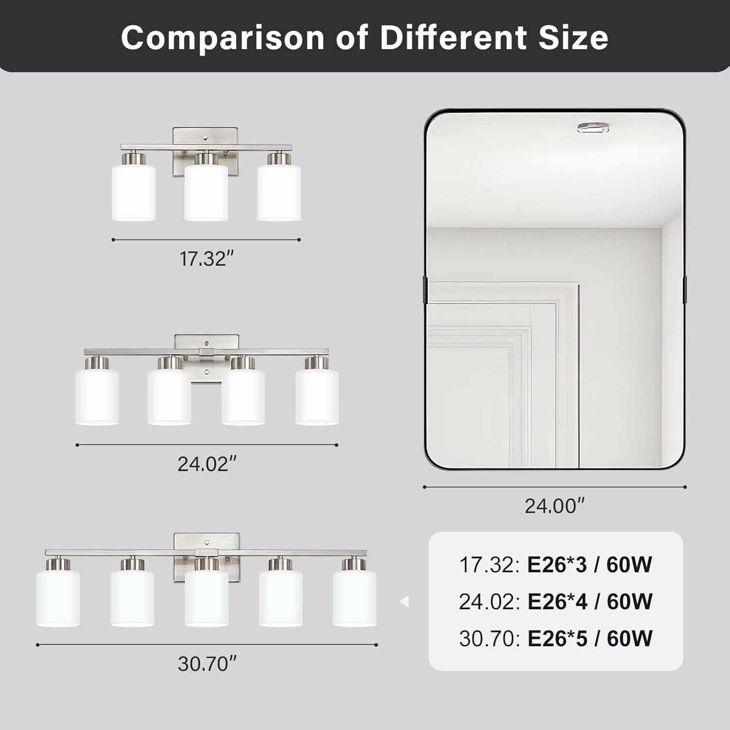 Brushed Nickel Bathroom Light Fixtures, 4-Light Modern Vanity Light Over Mirror, Wall Sconces with Milky White Frosted Glass Shades, E26 Socket (Bulbs Not Included)