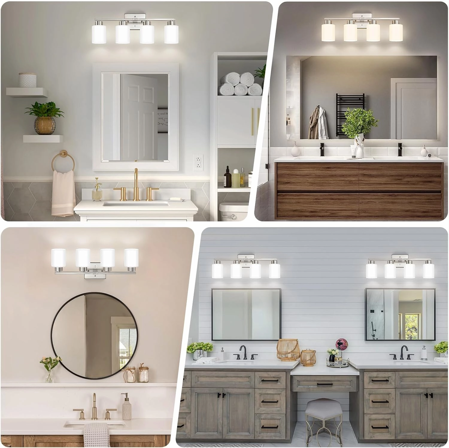 Brushed Nickel Bathroom Light Fixtures, 4-Light Modern Vanity Light Over Mirror, Wall Sconces with Milky White Frosted Glass Shades, E26 Socket (Bulbs Not Included)