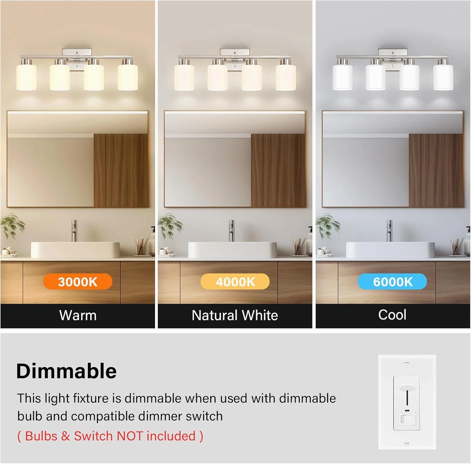Brushed Nickel Bathroom Light Fixtures, 4-Light Modern Vanity Light Over Mirror, Wall Sconces with Milky White Frosted Glass Shades, E26 Socket (Bulbs Not Included)