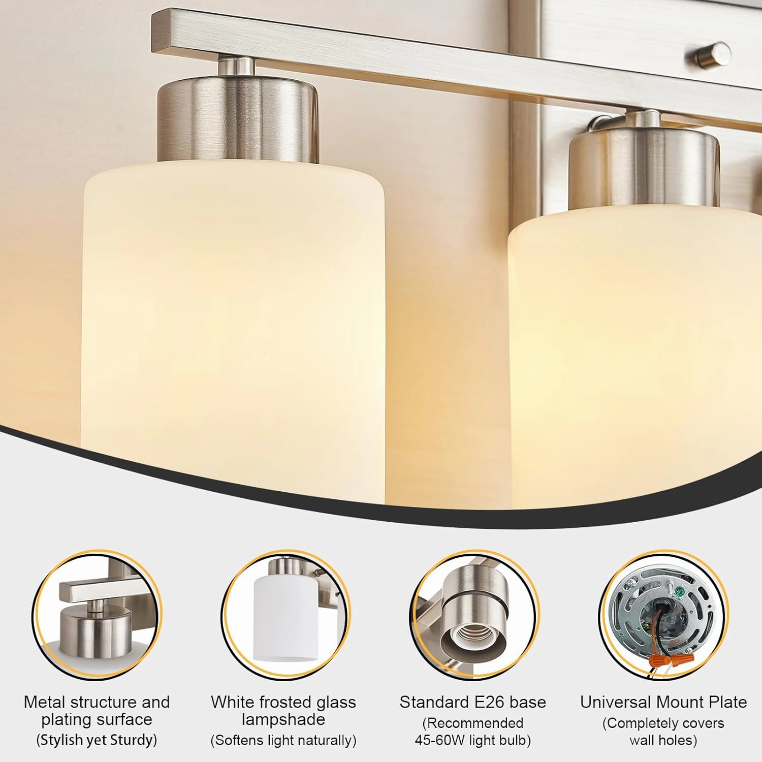 Brushed Nickel Bathroom Light Fixtures, 4-Light Modern Vanity Light Over Mirror, Wall Sconces with Milky White Frosted Glass Shades, E26 Socket (Bulbs Not Included)