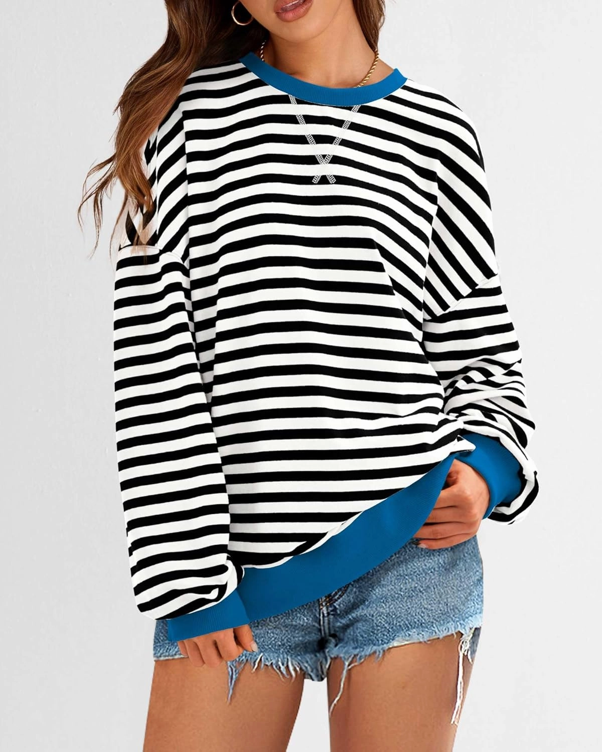 BTFBM Womens Oversized Striped Sweatshirt Crewneck Long Sleeve Pullover Top Casual Y2K Fall Clothes 2025 Workout Shirt