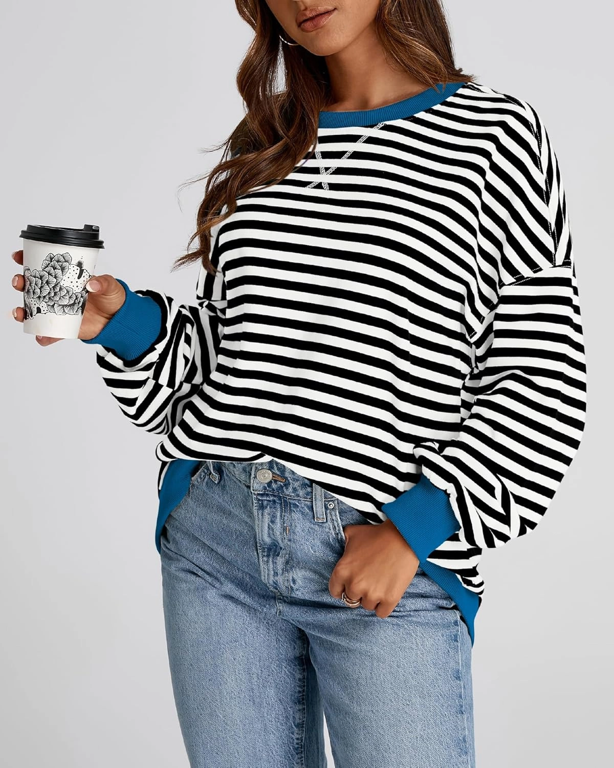 BTFBM Womens Oversized Striped Sweatshirt Crewneck Long Sleeve Pullover Top Casual Y2K Fall Clothes 2025 Workout Shirt