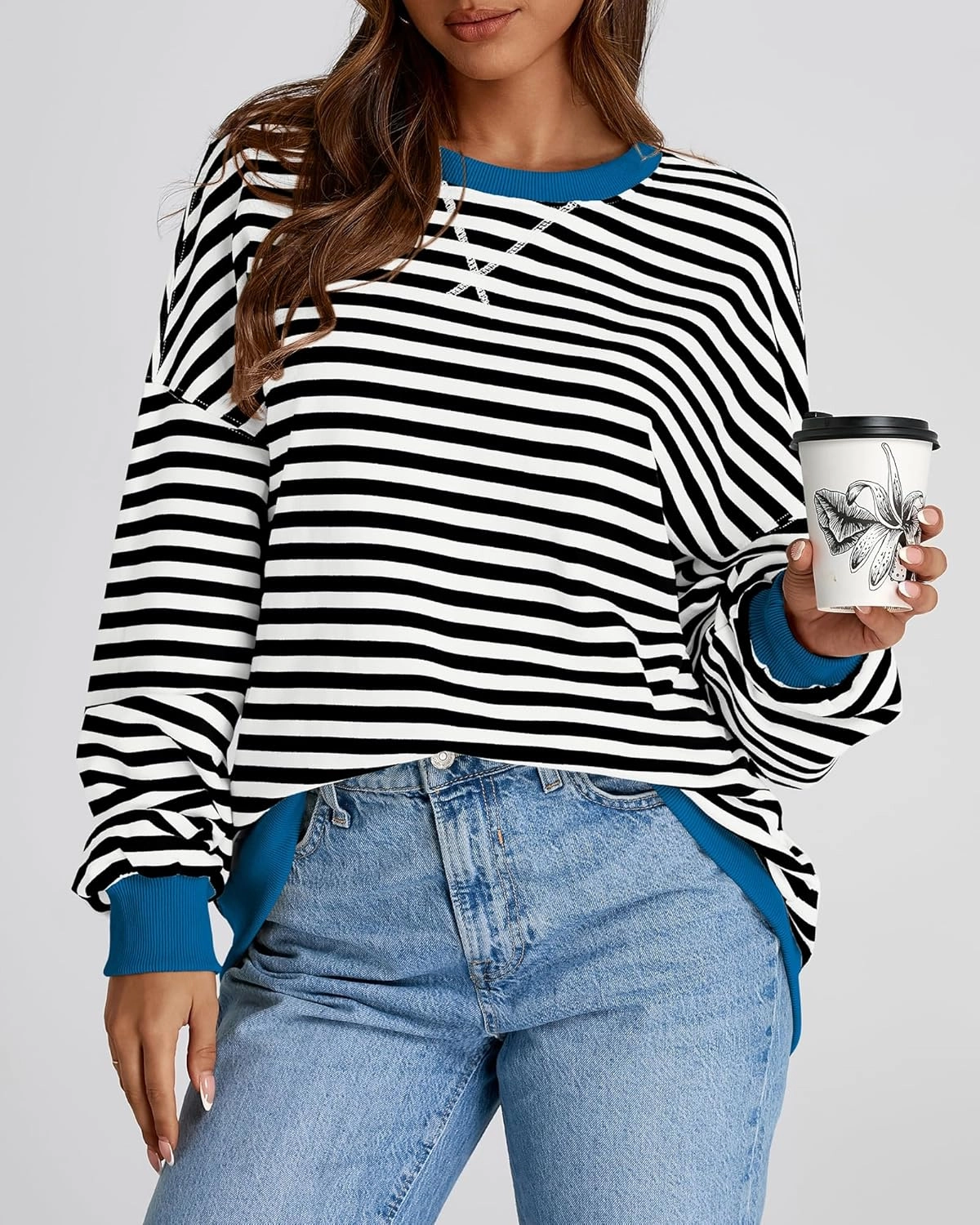 BTFBM Womens Oversized Striped Sweatshirt Crewneck Long Sleeve Pullover Top Casual Y2K Fall Clothes 2025 Workout Shirt
