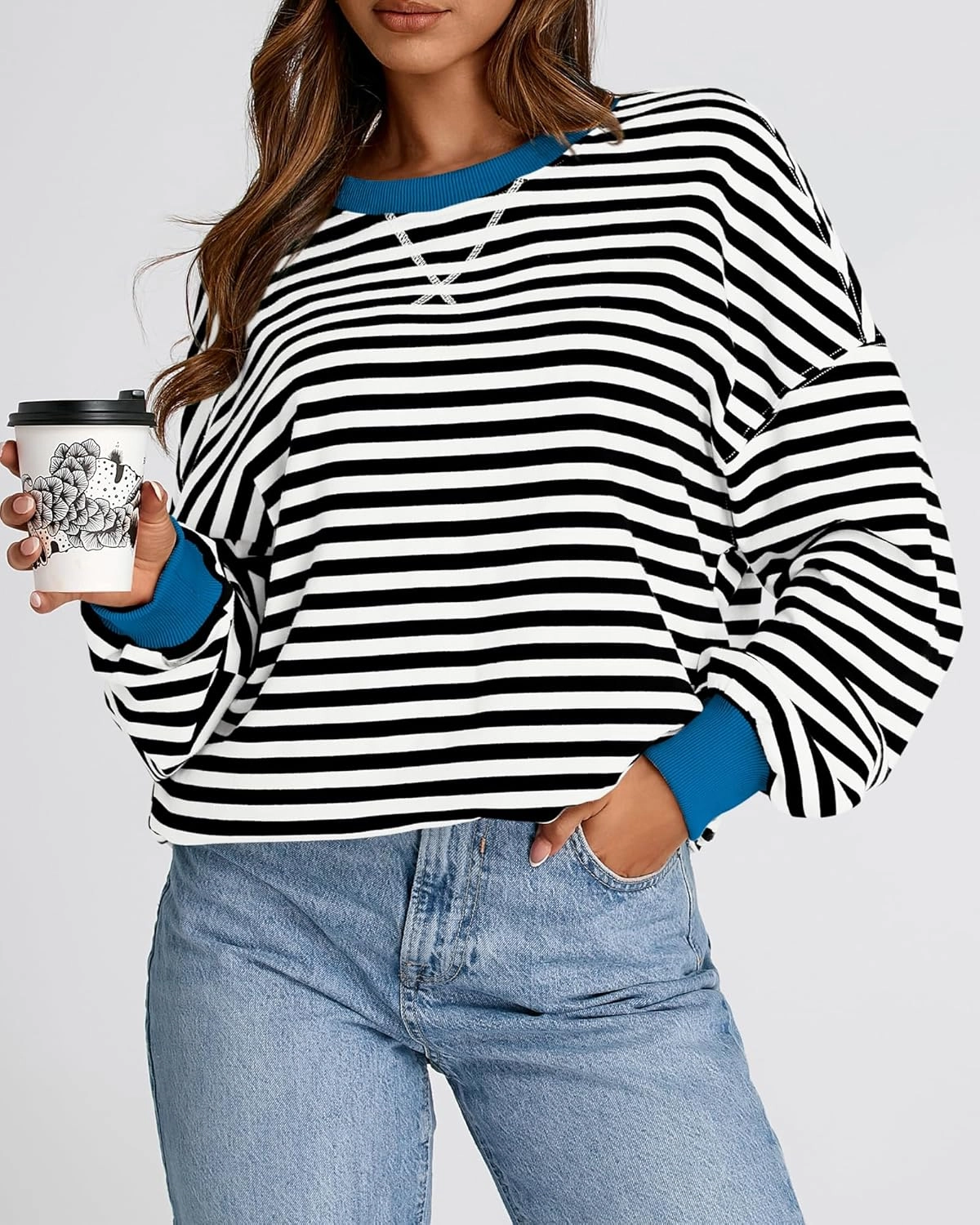 BTFBM Womens Oversized Striped Sweatshirt Crewneck Long Sleeve Pullover Top Casual Y2K Fall Clothes 2025 Workout Shirt