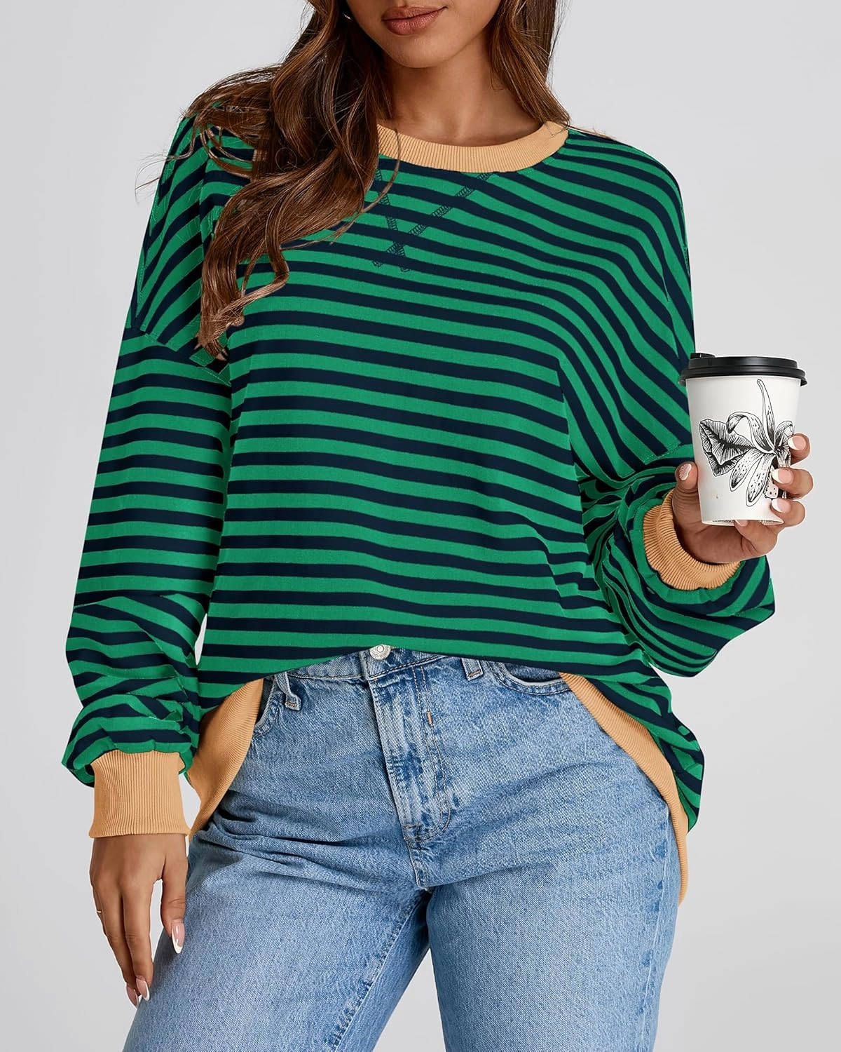BTFBM Womens Striped Pullover Tops Spring Fall Clothes 2025 Long Sleeve Shirts Trendy Crew Neck Loose Y2K Sweatshirts