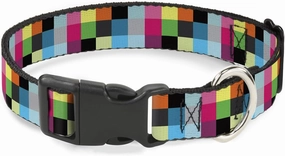 Buckle-Down Plastic Clip Collar - Checker Bright Pastel - 1" Wide - Fits 11-17" Neck - Medium