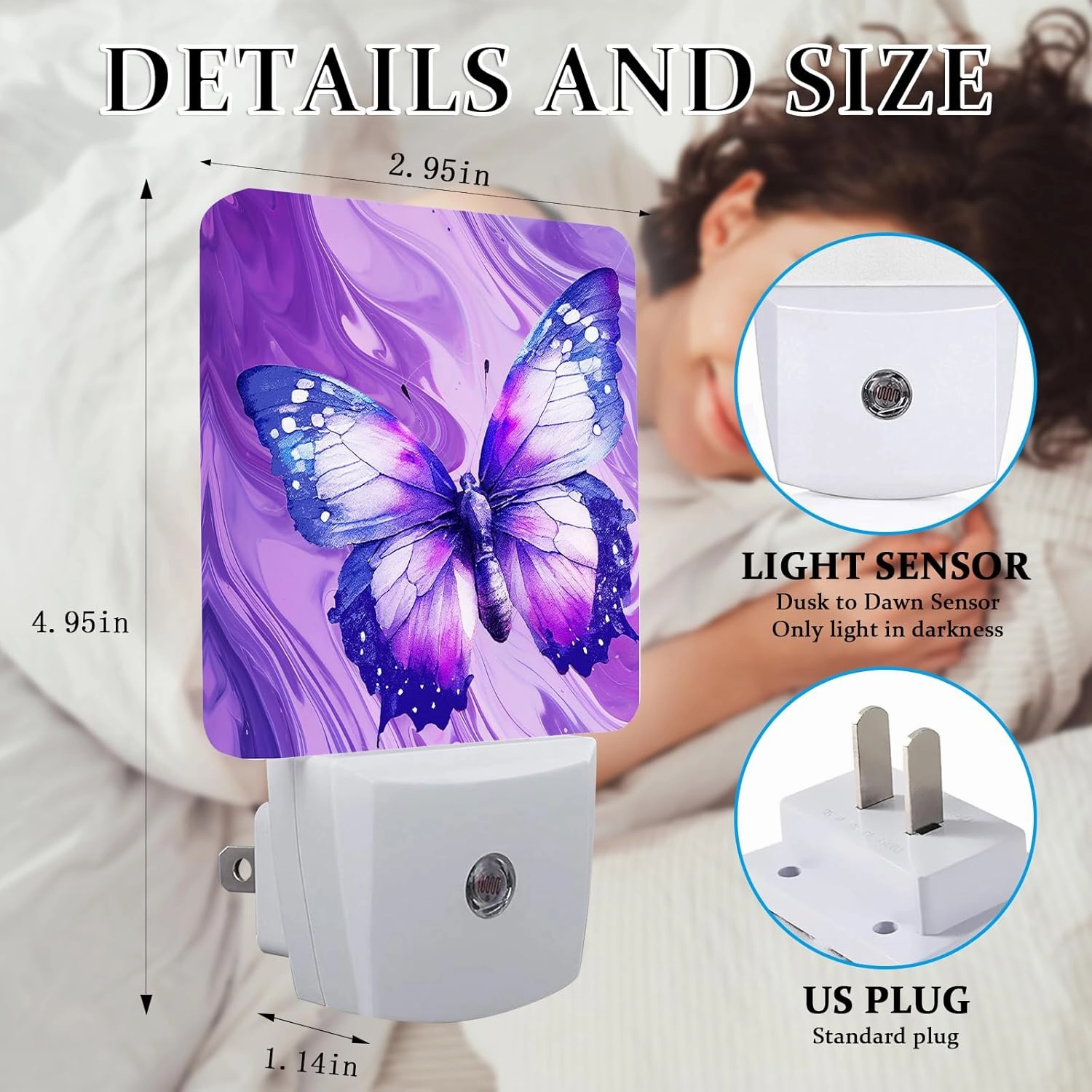 Butterfly Night Light, Plug-into Wall Purple Marble Nightlight Lamp with Dusk to Dawn Sensor, Led Lamp 0.5W Energy Efficient for Boys Girls Adults Home Decor