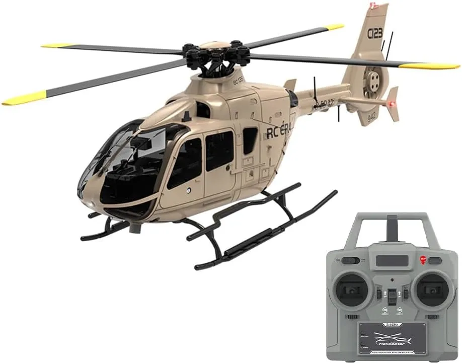 C123 EC135 Remote Control Helicopter, 2.4GHz 6CH Single Blade No Aileron RC Helicopter, One-Key Takeoff Landing, Gift for Adults Hobbyist (Champagne Gold/1 Battery)