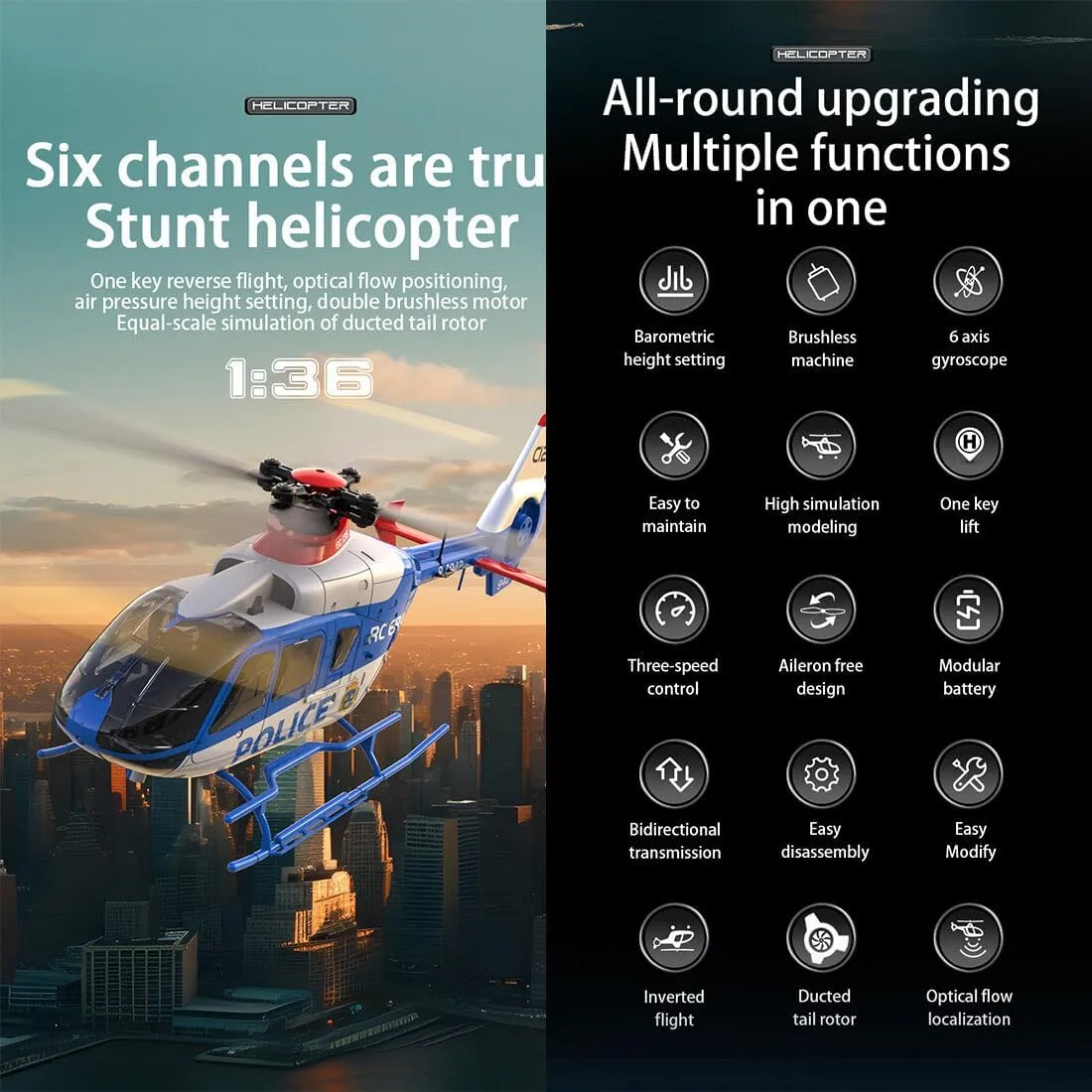 C123 EC135 Remote Control Helicopter, 2.4GHz 6CH Single Blade No Aileron RC Helicopter, One-Key Takeoff Landing, Gift for Adults Hobbyist (Champagne Gold/1 Battery)