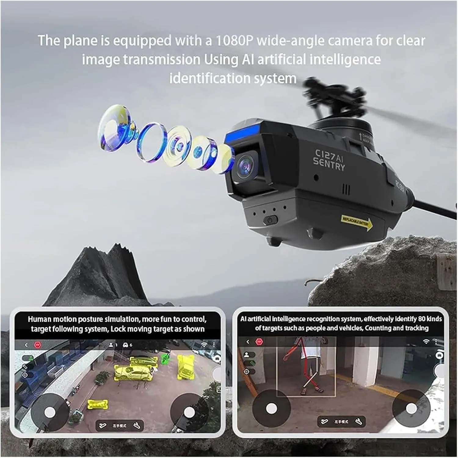C127AI Scout RC Helicopter with 1080P Camera,2.4G 4CH Single-Rotor Brushless Helicopter Model Without Aileron,Remote Control Aircraft with 6-Axis Gyro(Gris,Dual Batteries)