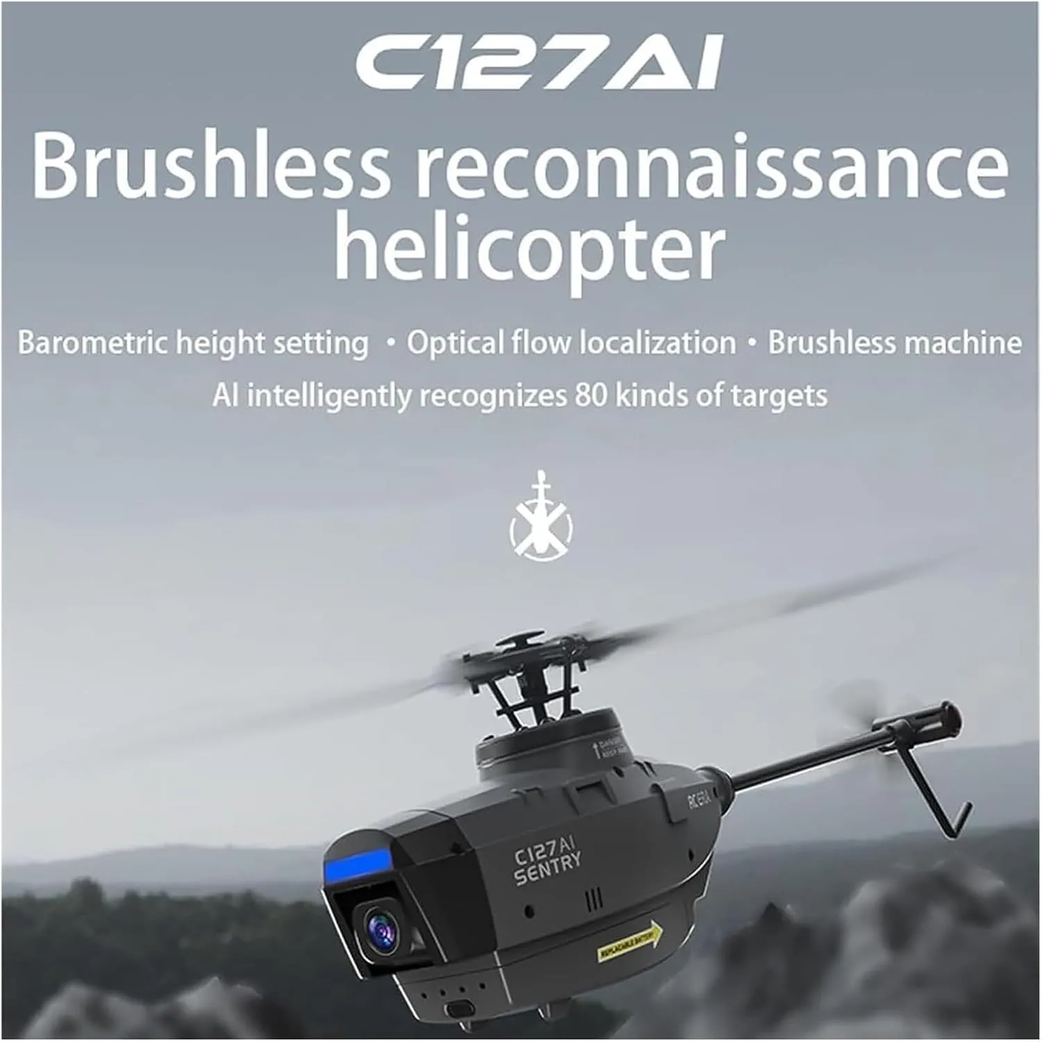 C127AI Scout RC Helicopter with 1080P Camera,2.4G 4CH Single-Rotor Brushless Helicopter Model Without Aileron,Remote Control Aircraft with 6-Axis Gyro(Gris,Dual Batteries)