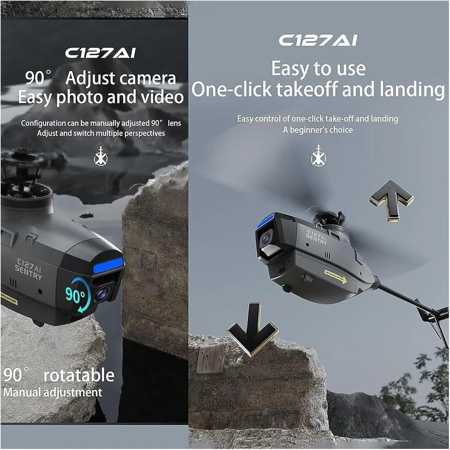 C127AI Scout RC Helicopter with 1080P Camera,2.4G 4CH Single-Rotor Brushless Helicopter Model Without Aileron,Remote Control Aircraft with 6-Axis Gyro(Gris,Dual Batteries)