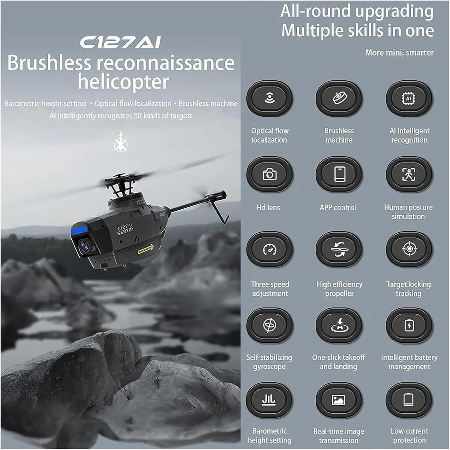 C127AI Scout RC Helicopter with 1080P Camera,2.4G 4CH Single-Rotor Brushless Helicopter Model Without Aileron,Remote Control Aircraft with 6-Axis Gyro(Gris,Dual Batteries)