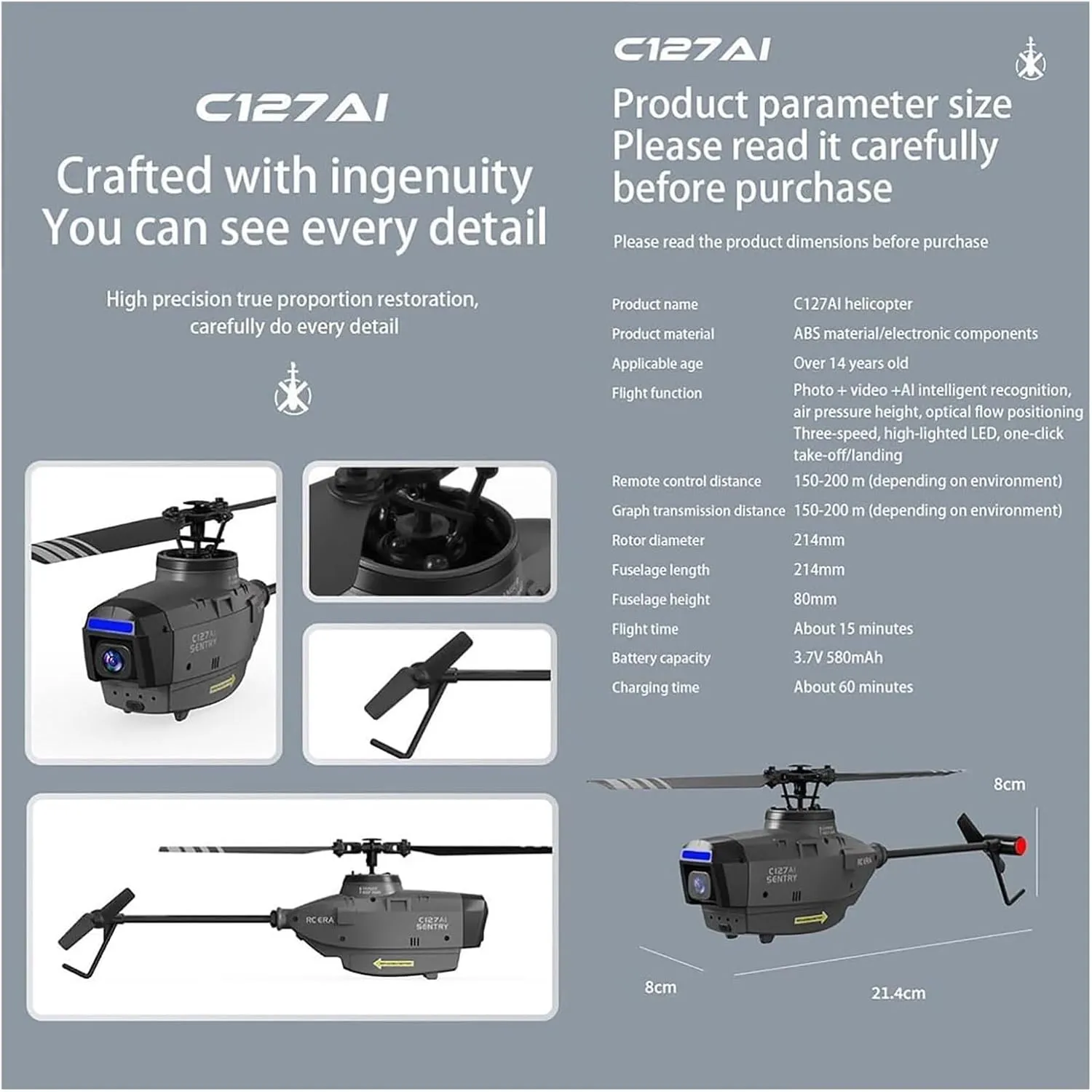 C127AI Scout RC Helicopter with 1080P Camera,2.4G 4CH Single-Rotor Brushless Helicopter Model Without Aileron,Remote Control Aircraft with 6-Axis Gyro(Gris,Dual Batteries)