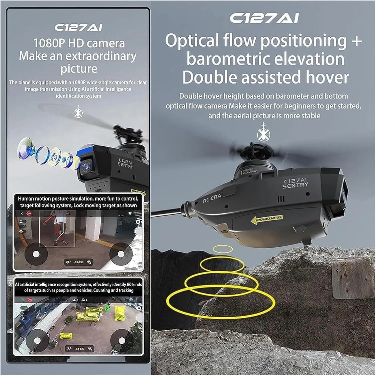 C127AI Scout RC Helicopter with 1080P Camera,2.4G 4CH Single-Rotor Brushless Helicopter Model Without Aileron,Remote Control Aircraft with 6-Axis Gyro(Gris,Dual Batteries)