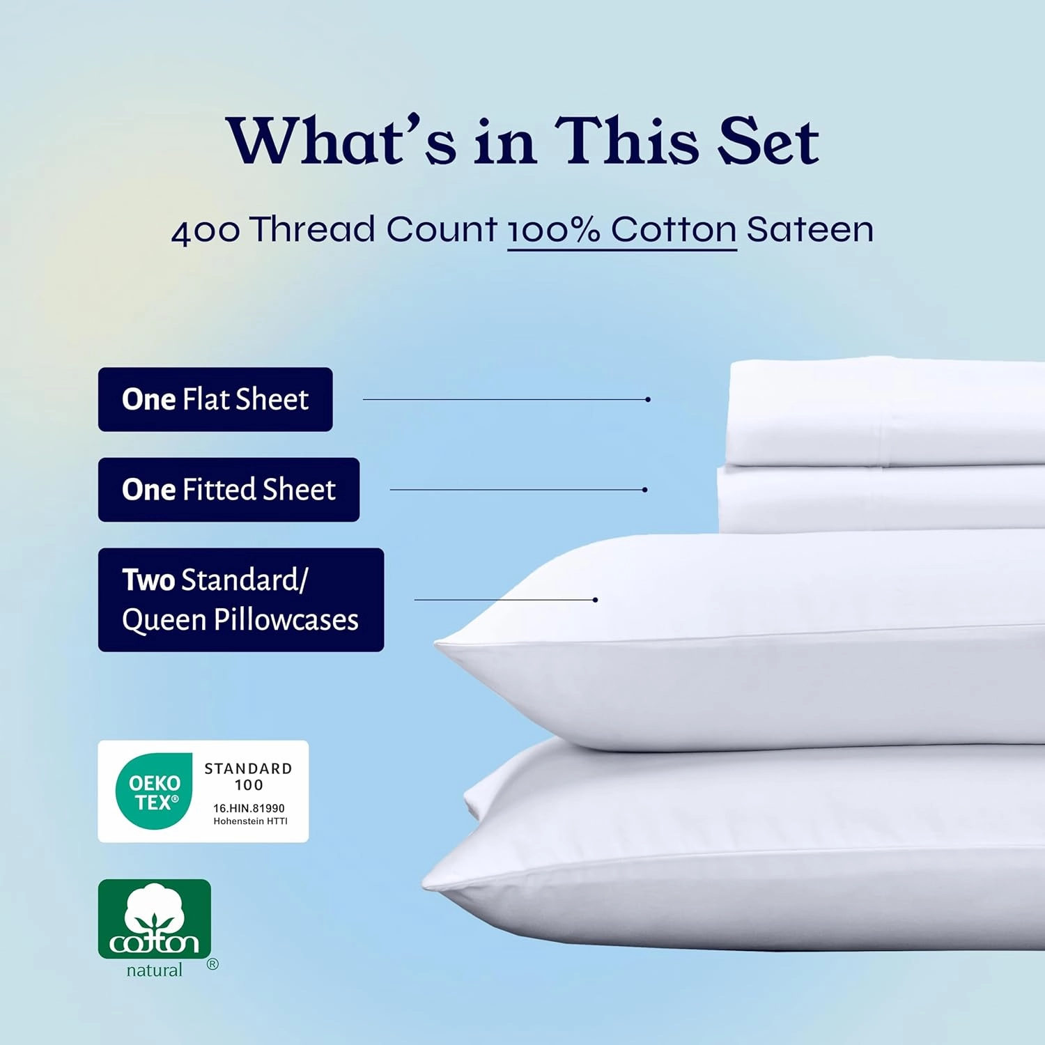 California Design Den Natural 100% Cotton Sheets Queen Size Bed Set - Soft 400 Thread Count Sateen, Queen Sheets, Deep Pockets with All Around Elastic for a Snug Fit, Cool & Durable Bedding - White
