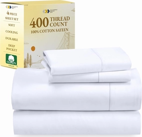 California Design Den Natural 100% Cotton Sheets Queen Size Bed Set - Soft 400 Thread Count Sateen, Queen Sheets, Deep Pockets with All Around Elastic for a Snug Fit, Cool & Durable Bedding - White
