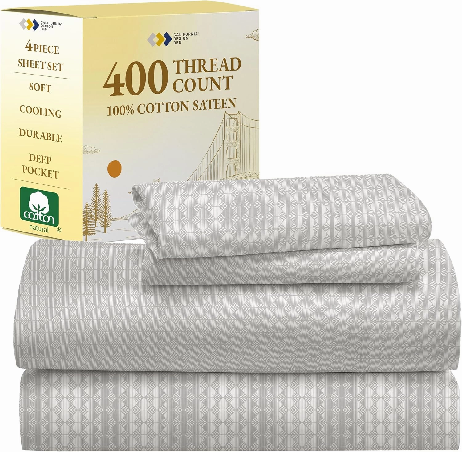California Design Den Queen Sheet Set - 400 Thread Count Sateen, Natural 100% Cotton Sheet Set Queen Size, Deep Pocket Cooling and Durable Bedding - Taupish-Sage Crosshatch