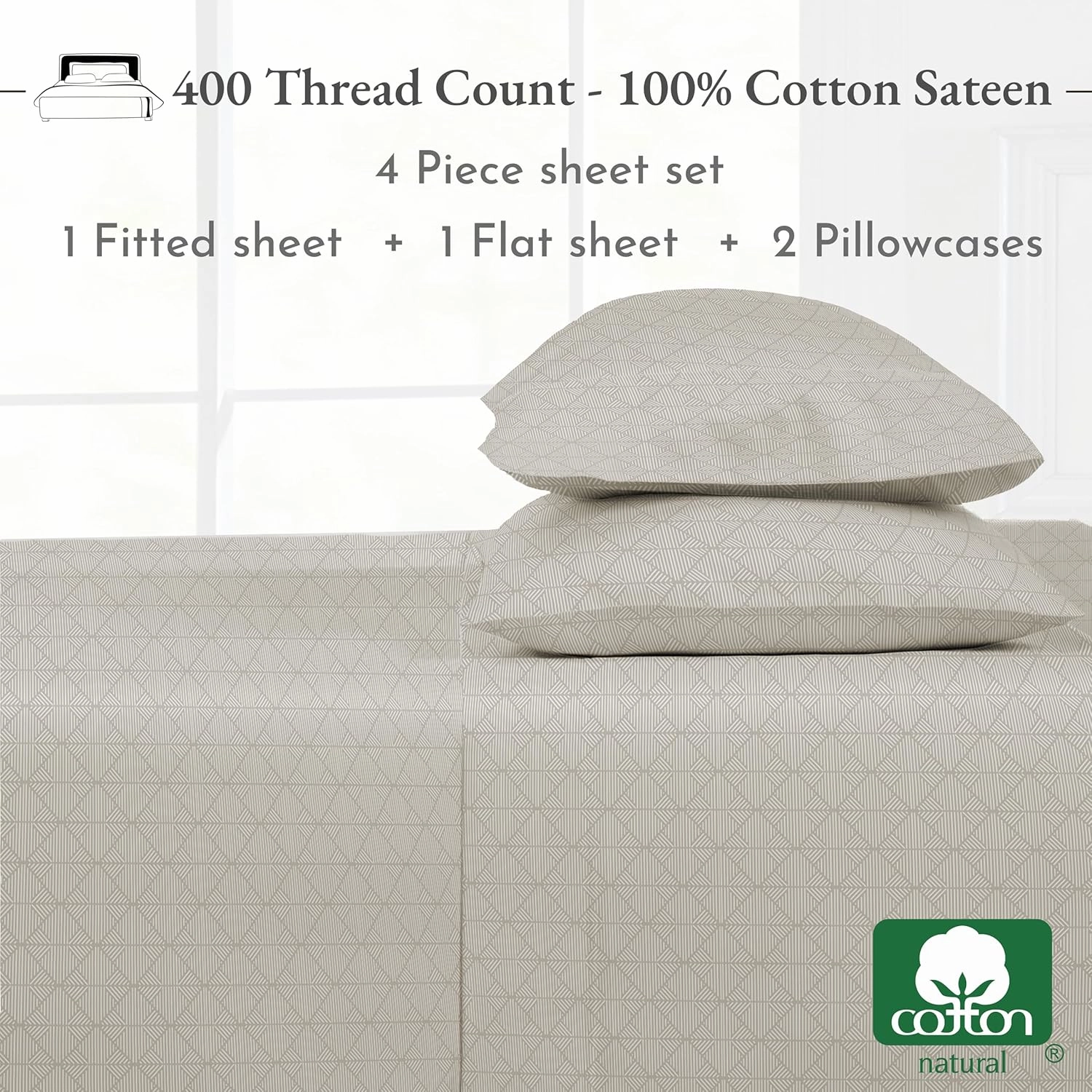 California Design Den Queen Sheet Set - 400 Thread Count Sateen, Natural 100% Cotton Sheet Set Queen Size, Deep Pocket Cooling and Durable Bedding - Taupish-Sage Crosshatch