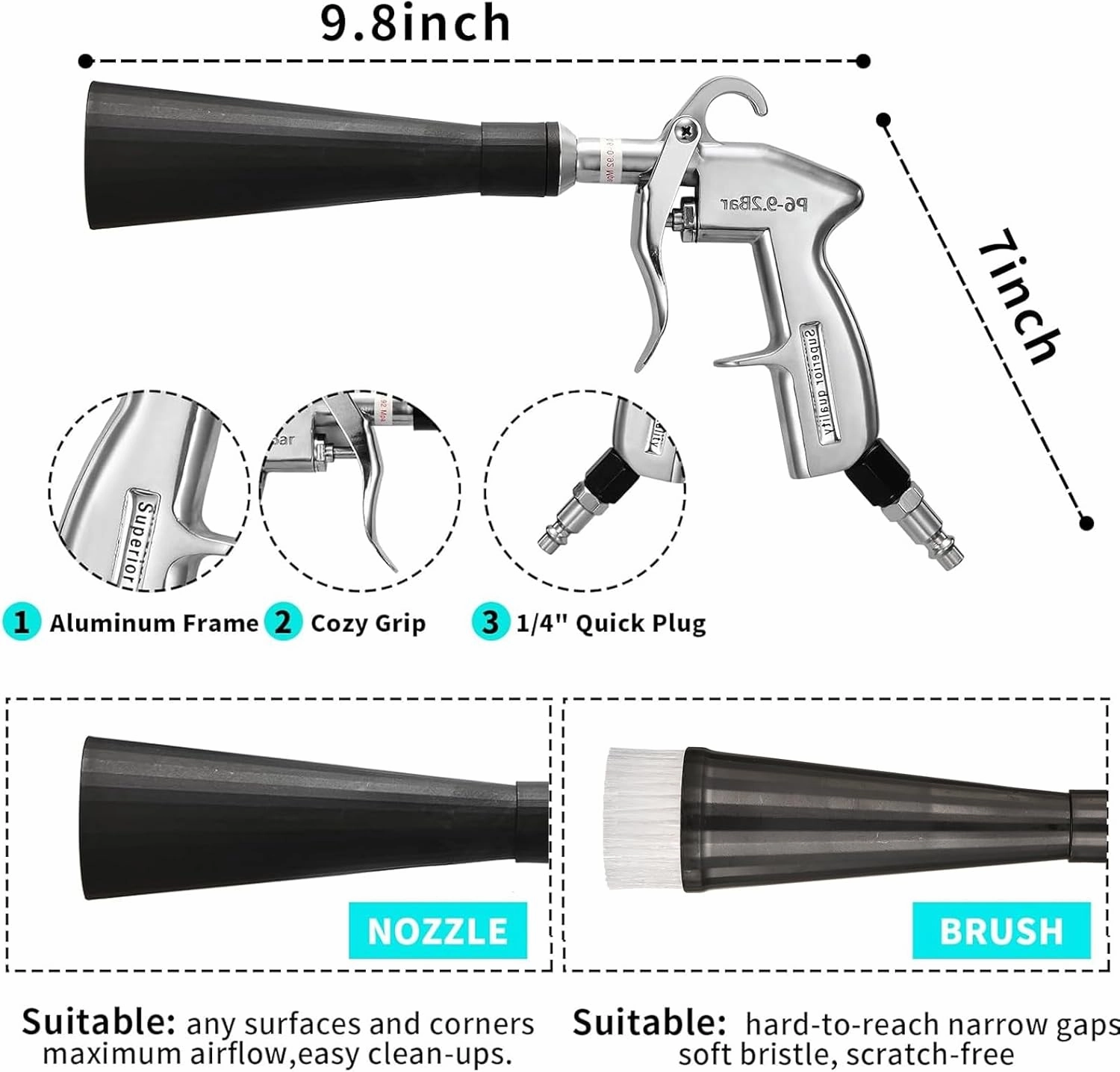 Car Cleaning Gun Detailing Interior Dryer Air Blow Gun with 2 Set Nozzle,Car Detailing Kits Interior Cleaner for Vehicle Upholstery Carpet Seat Works with Air Compressor