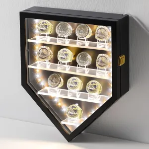 Championship Ring Display Case with LED Light Clear Acrylic Sports Baseball Ring Display Case 12 Ring Posts Softball Ring Holder Lockable Wall Mount Wooden Shadow Box for Storage Award Rings
