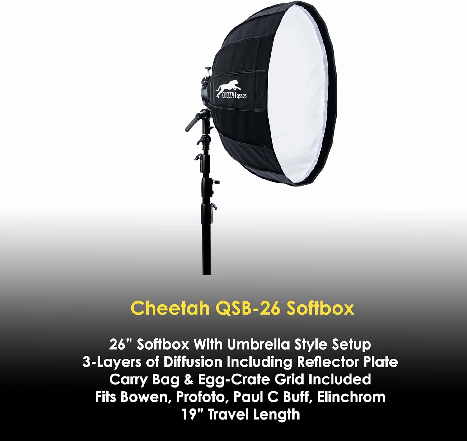 Cheetah Stand QSB-26 (Profoto Screw Type) w/Egg Crate Grid and Quick Release Umbrella Style Softbox - Compatible with Bowens, Godox, Profoto, Alienbees, Glow, Elinchrom, Flashpoint Strobes