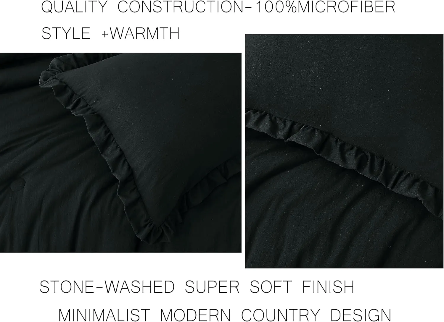Chezmoi Collection Nora Black Comforter Set Queen Size 3-Piece Lightweight Fluffy Soft Lightweight Bedding Ruffled Edge Trim Stone-Washed Microfiber Comforter Set for All Season