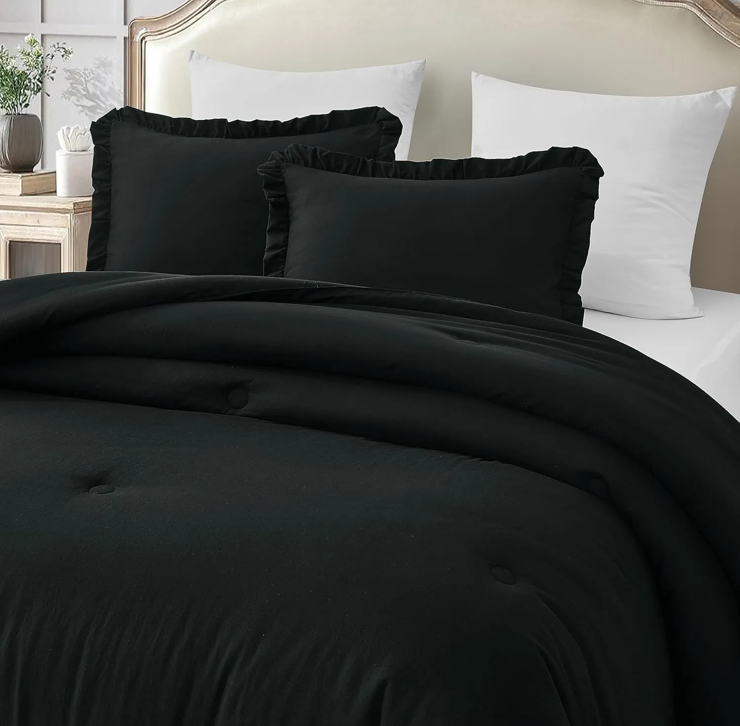 Chezmoi Collection Nora Black Comforter Set Queen Size 3-Piece Lightweight Fluffy Soft Lightweight Bedding Ruffled Edge Trim Stone-Washed Microfiber Comforter Set for All Season