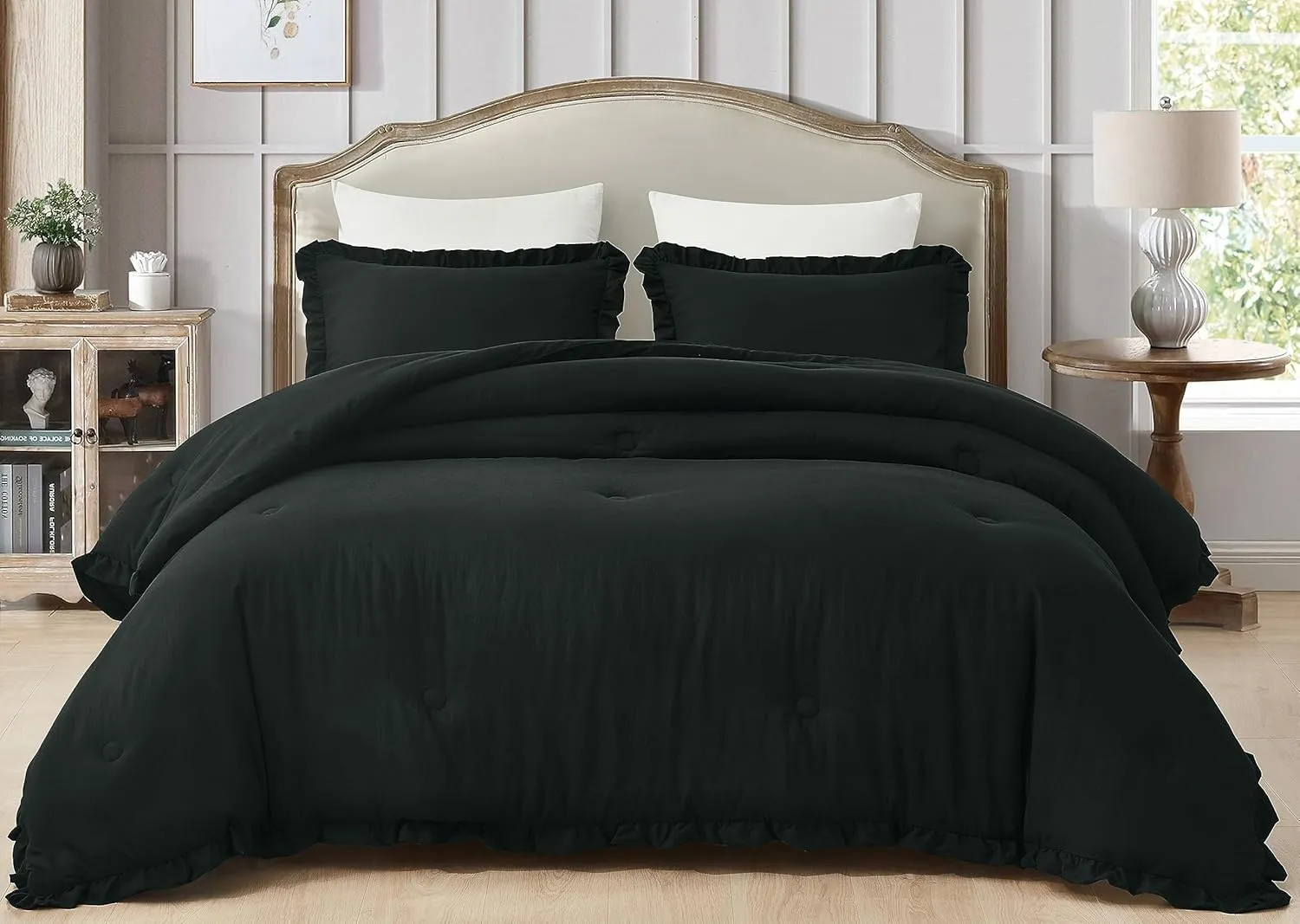 Chezmoi Collection Nora Black Comforter Set Queen Size 3-Piece Lightweight Fluffy Soft Lightweight Bedding Ruffled Edge Trim Stone-Washed Microfiber Comforter Set for All Season