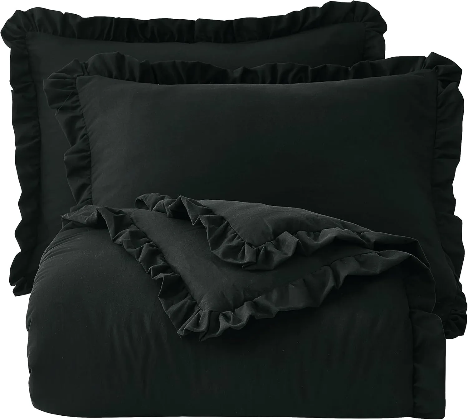 Chezmoi Collection Nora Black Comforter Set Queen Size 3-Piece Lightweight Fluffy Soft Lightweight Bedding Ruffled Edge Trim Stone-Washed Microfiber Comforter Set for All Season
