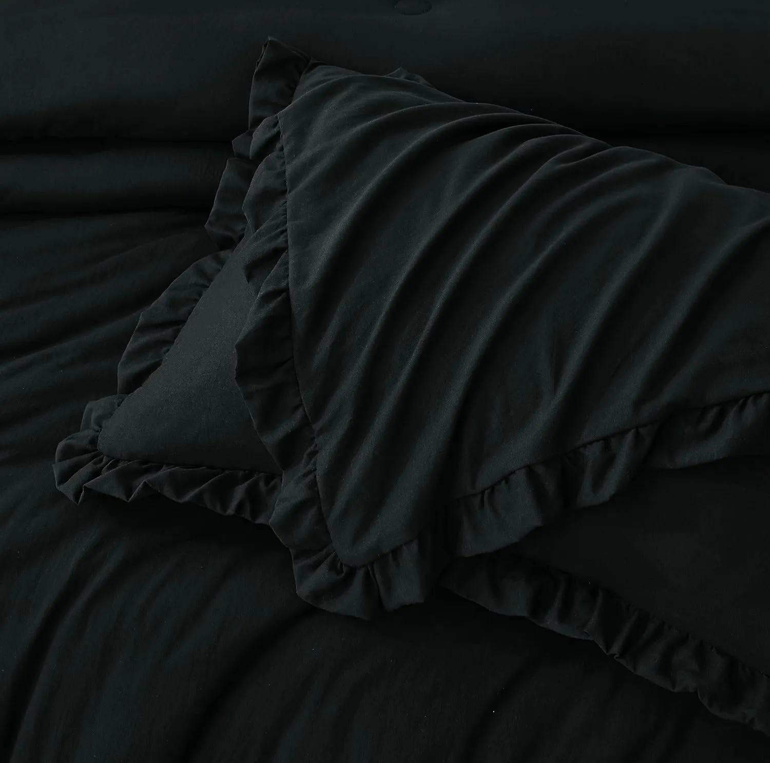 Chezmoi Collection Nora Black Comforter Set Queen Size 3-Piece Lightweight Fluffy Soft Lightweight Bedding Ruffled Edge Trim Stone-Washed Microfiber Comforter Set for All Season