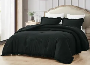Chezmoi Collection Nora Black Comforter Set Queen Size 3-Piece Lightweight Fluffy Soft Lightweight Bedding Ruffled Edge Trim Stone-Washed Microfiber Comforter Set for All Season