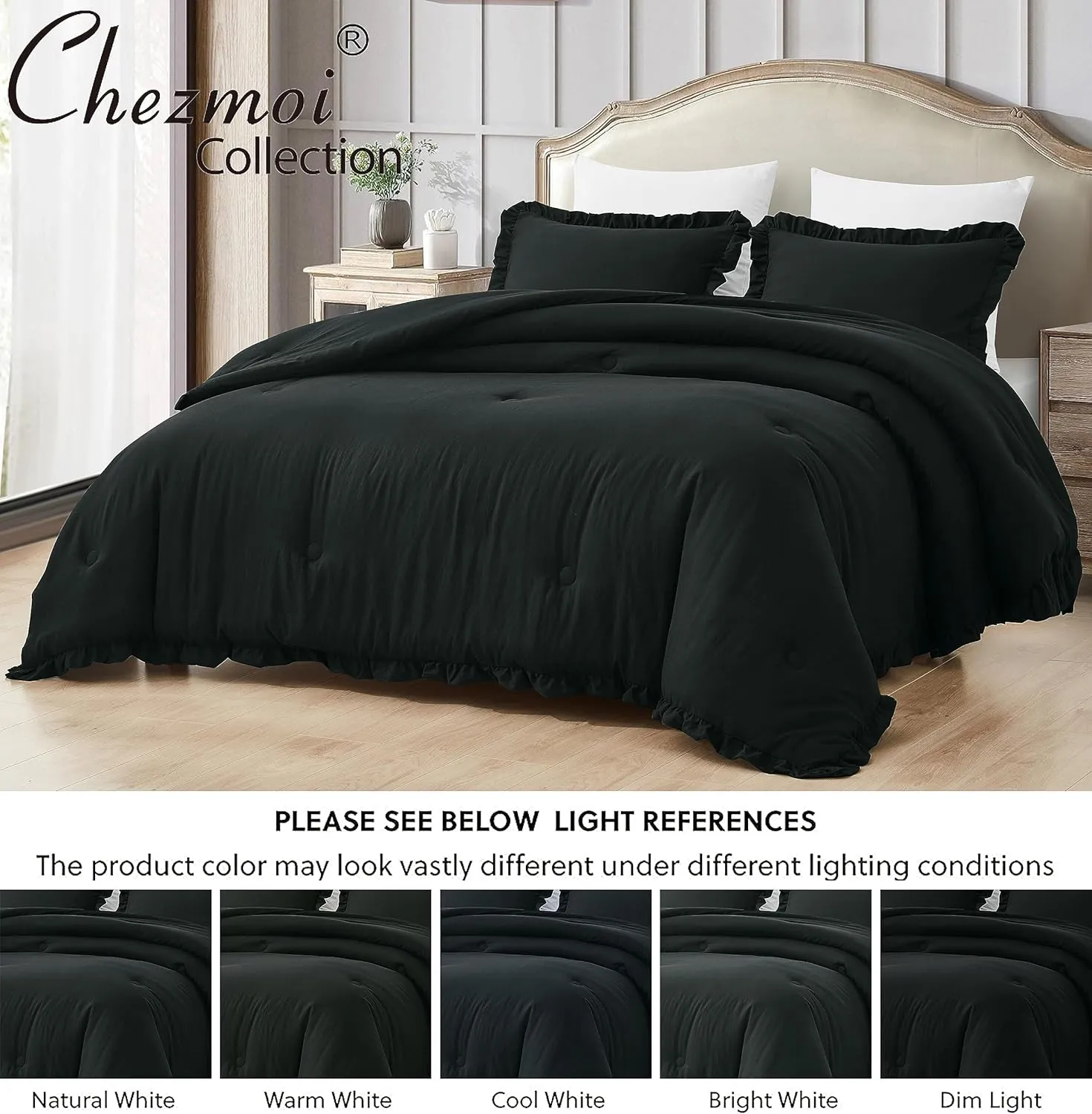 Chezmoi Collection Nora Black Comforter Set Queen Size 3-Piece Lightweight Fluffy Soft Lightweight Bedding Ruffled Edge Trim Stone-Washed Microfiber Comforter Set for All Season
