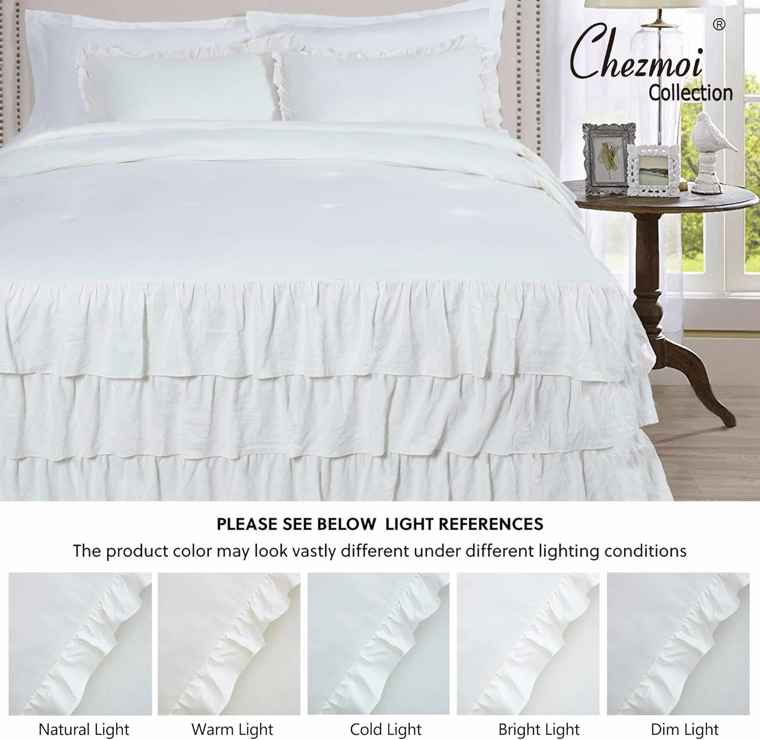 Chezmoi Collection Celia 3-Piece Waterfall Ruffle Skirt Bedspread Set - French Country Chic Farmhouse - King, Ivory