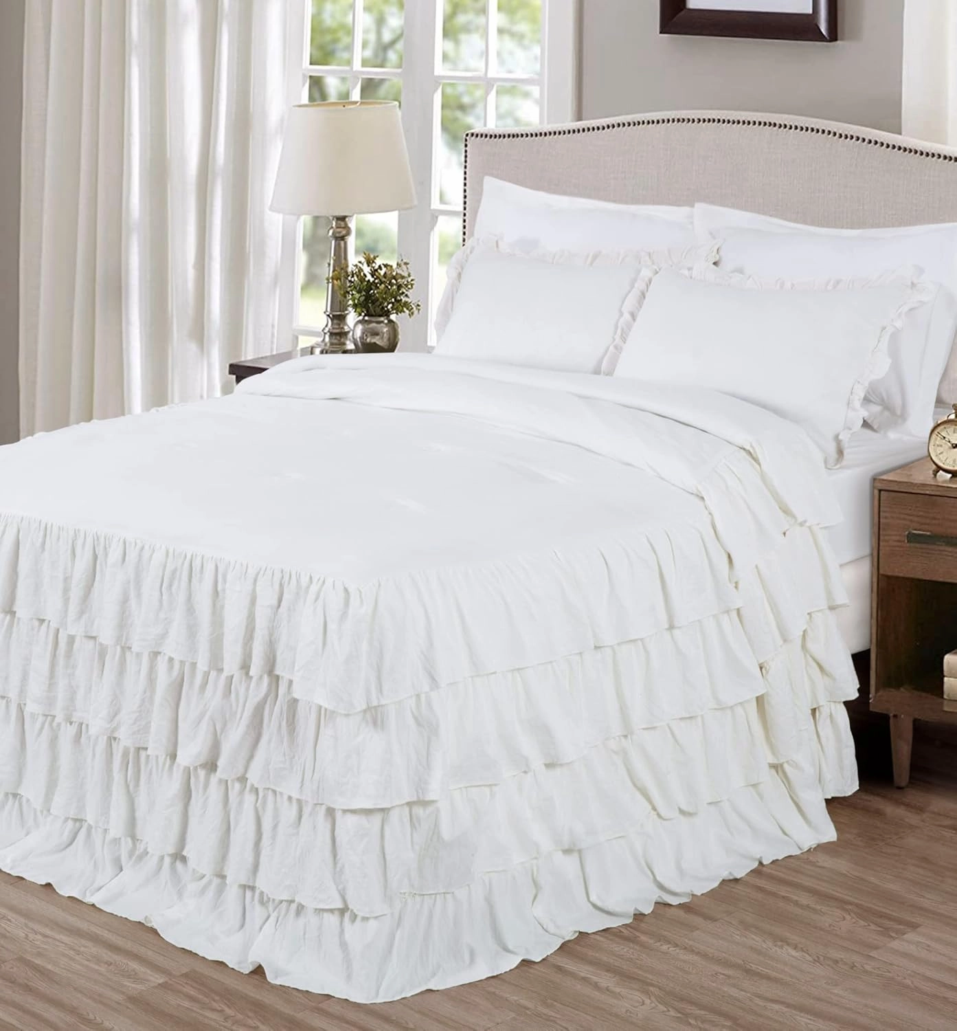 Chezmoi Collection Celia 3-Piece Waterfall Ruffle Skirt Bedspread Set - French Country Chic Farmhouse - King, Ivory