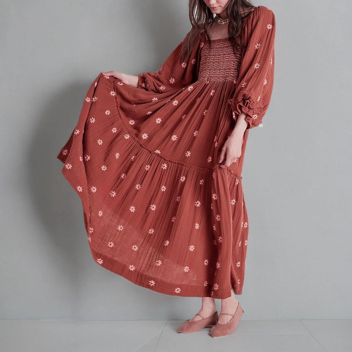 Chloefairy Women's Flower Embroidered Maxi Dress Lantern Sleeve Square Neck Tiered Flowy Spring Fall Dress